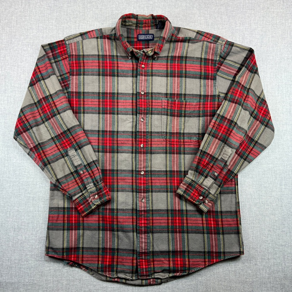 VTG 90s‎ Lands End Plaid Flannel Shirt Men Large Tall Gray Red Cotton Hong Kong - Picture 2 of 9